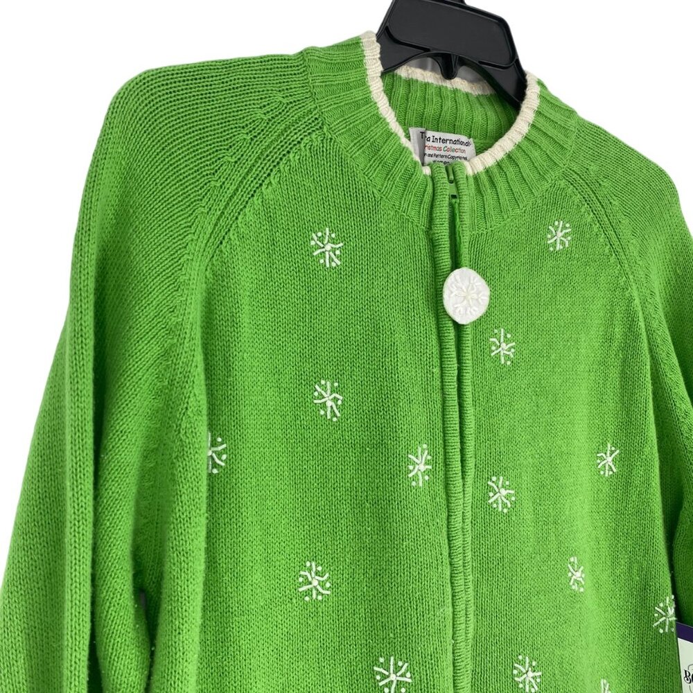 Tiara International Xmas Sweater 26/28 Green Zip Front Snowmen Cozy Holiday Wear - Picture 11 of 13